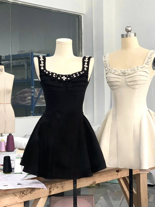 Black/White Sweet Beaded Short Satin Homecoming Dress Prom Dress Birthday Dress nv4517