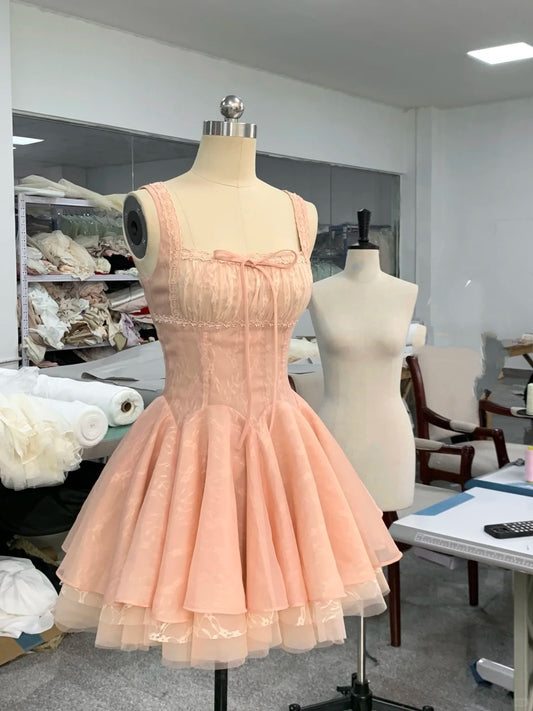 Pink/White lace sweet short tulle homecoming dress prom dress birthday dress nv4513