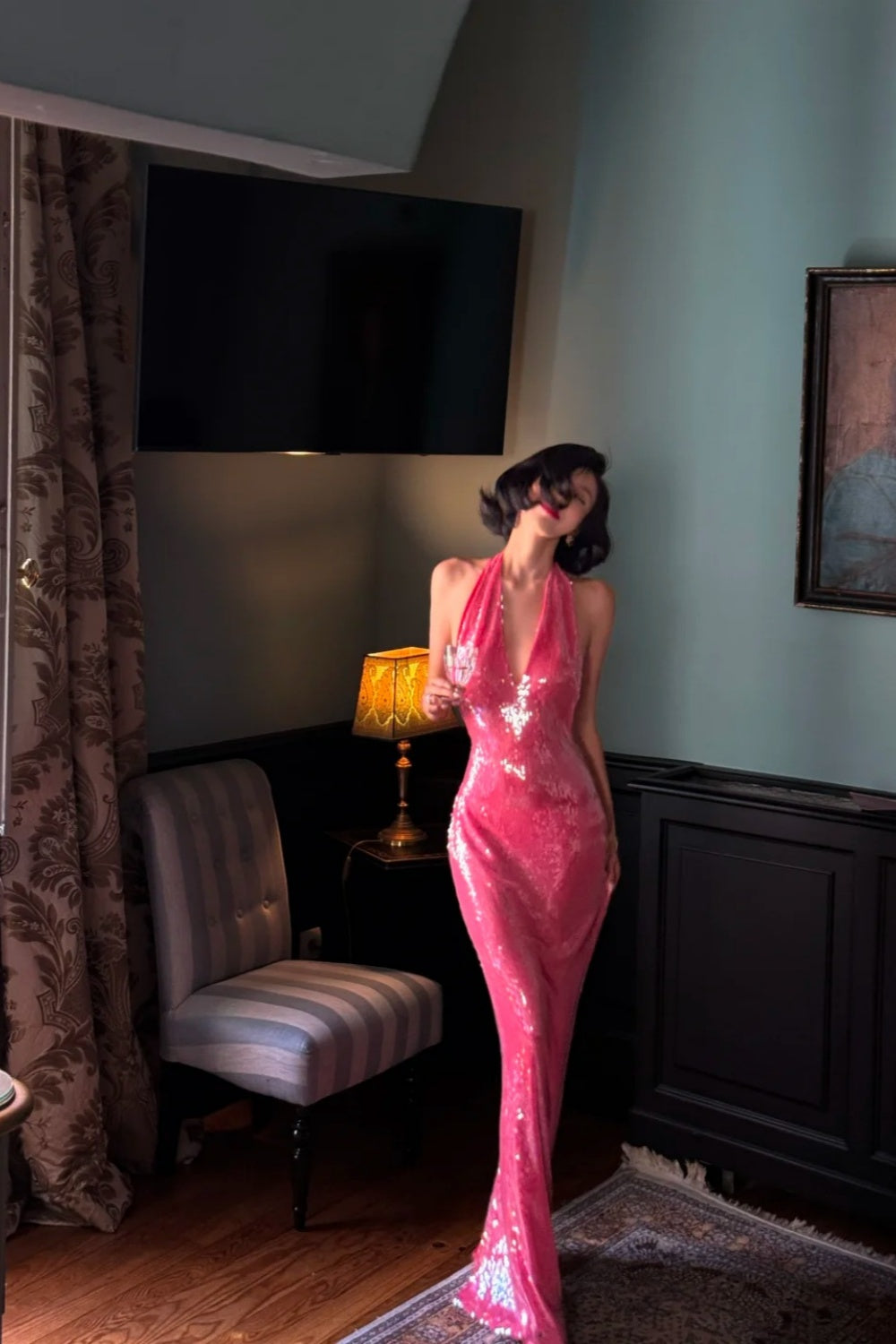 Sequin Halter Maxi Dress: Hot Pink Deep V-backless, Eye-catching Evening Gown NV6400