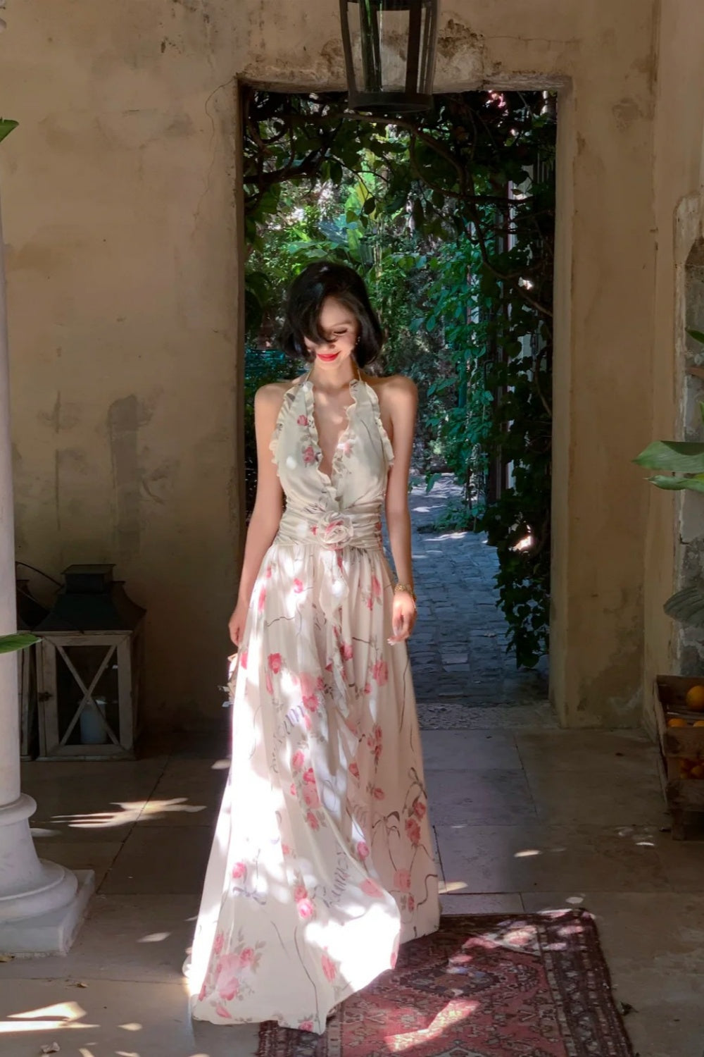 French Garden Rose Print Halter Gown: Backless Maxi, Resort Fairy Dress NV6403