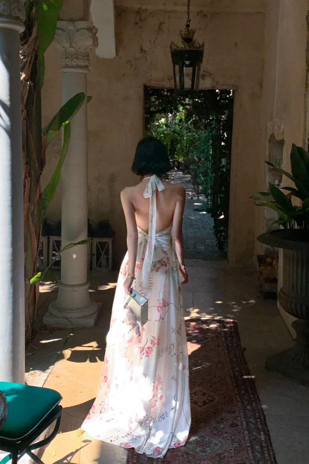 French Garden Rose Print Halter Gown: Backless Maxi, Resort Fairy Dress NV6403