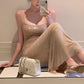 Champagne Gold Rhinestone Camisole Mermaid Dress: Deep Backless, Fitted Bodycon, Banquet Centerpiece Gown NV6414