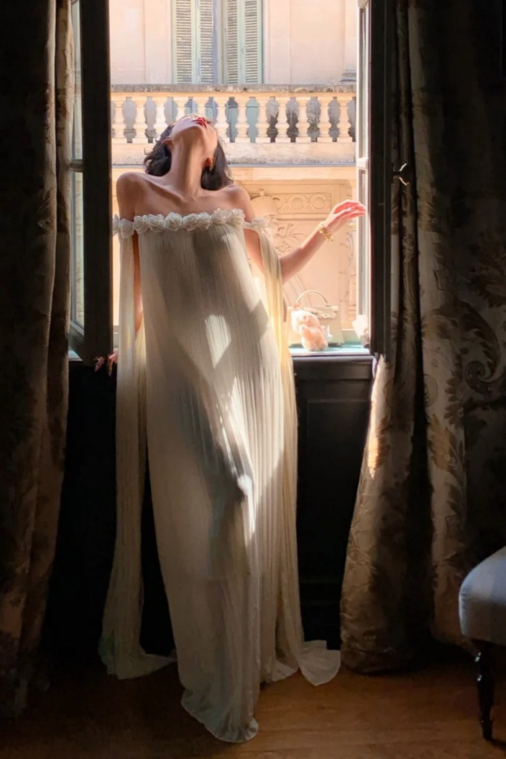 French 3D Flower Off-the-shoulder Gown: Pleated Chiffon, Backless Sash, Fairy Hot Spring Resort Dress NV6402