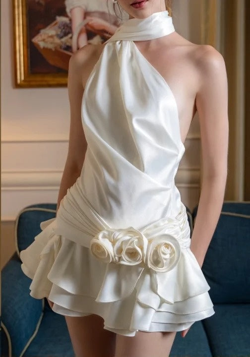 Weißes, geblümtes, kurzes Satin-Vintage-Prinzessinnenkleid für den Heimkehrtag, Partykleid, nv4709