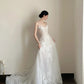 White Veil Flower Garden Strapless Embroidery Train Wedding Dress NV6573