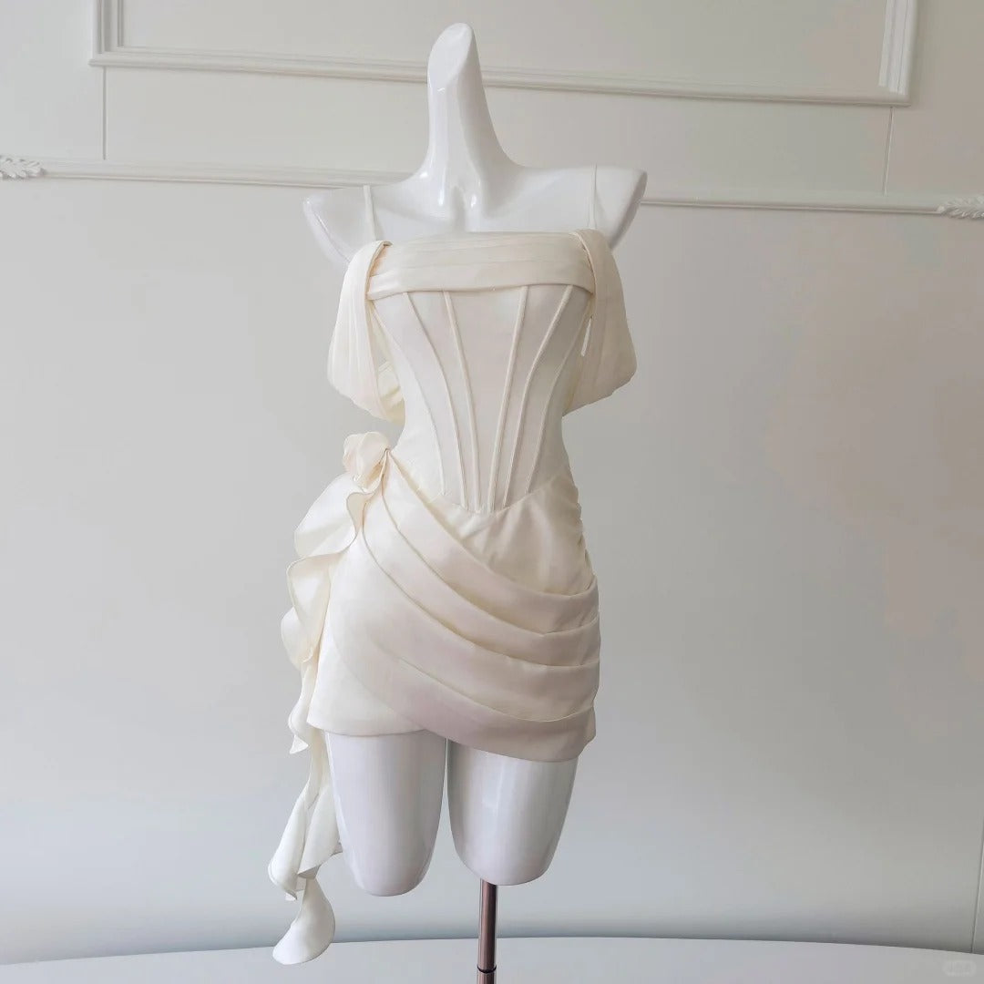 Elfenbeinweißes kurzes Satin-Heimkehrkleid, Ballkleid, Geburtstagspartykleid, nv4668