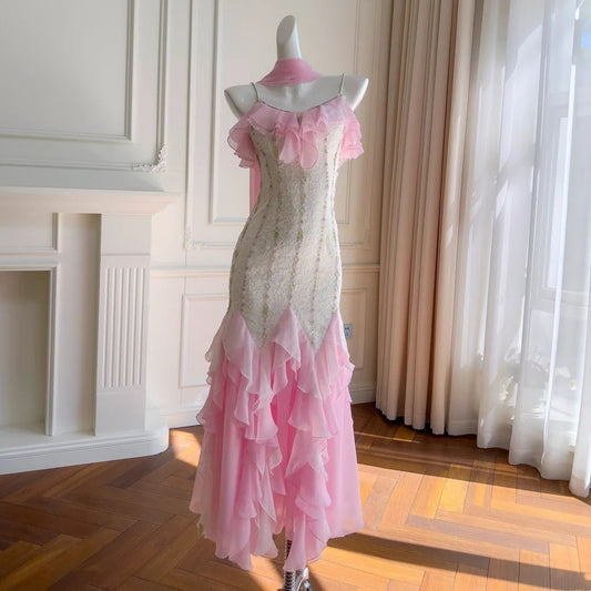 Pink Beaded Long Chiffon Prom Dress Evening Gown Party Dress Graduation Gown nv4671