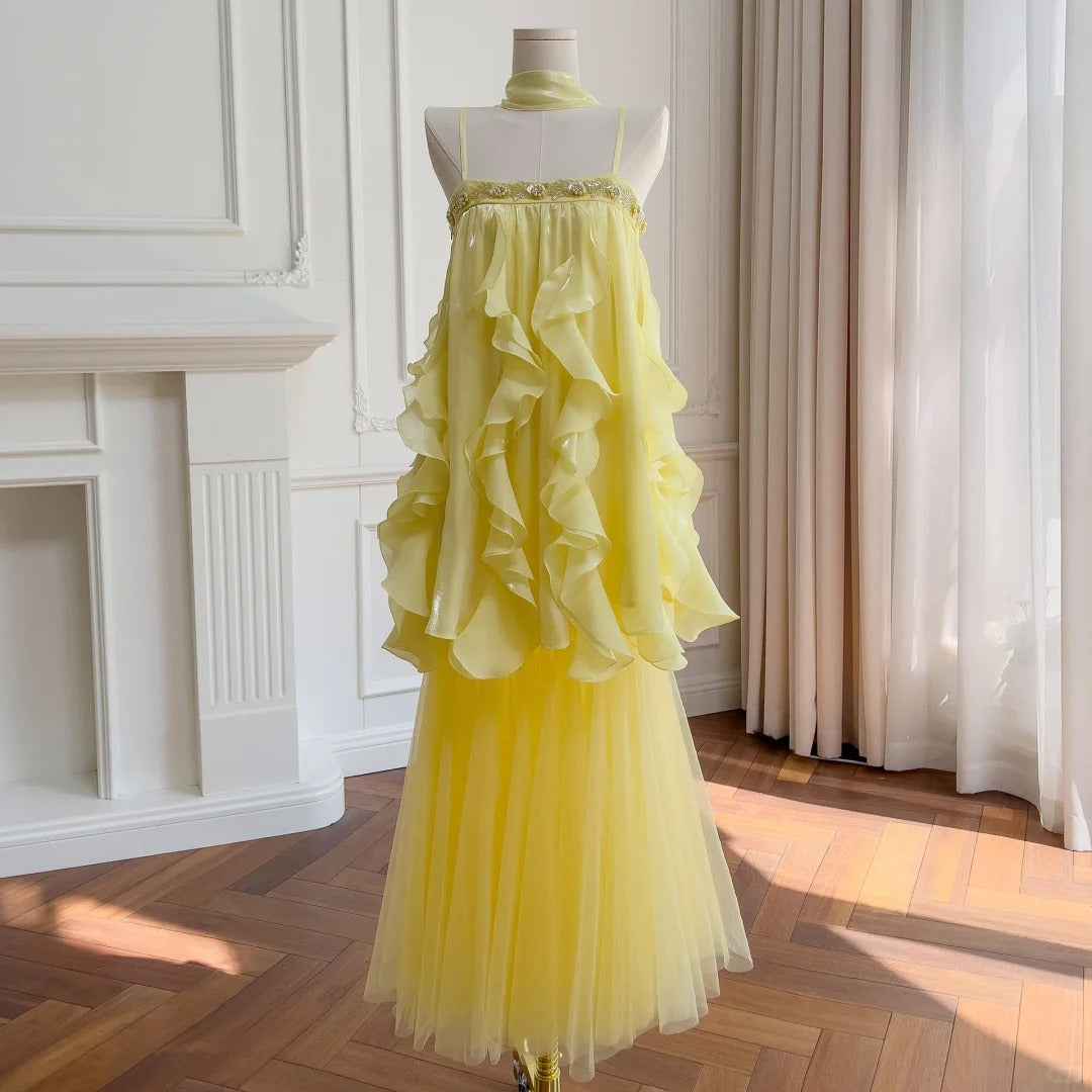 Yellow long/short chiffon tulle homecoming dress prom dress birthday party dress two piece suit nv4670