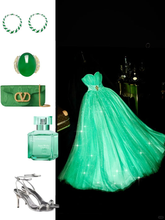 Green shiny beaded long tulle ball gown evening dress nv5249