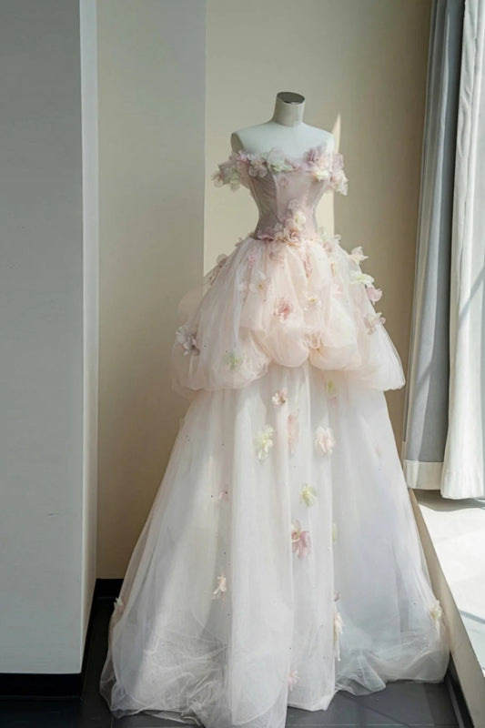 NiceVestidos--Floral Fairy Style：Pink - White 3D Floral Studded Tulle Off - Shoulder Floor - Length Wedding Dress NV5815