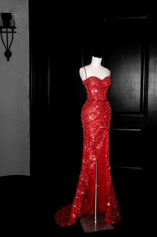 NiceVestidos--Blazing Shine Style：Scarlet Sequin - Embellished Spaghetti - Strap Mermaid Floor - Length Evening Dress NV5816