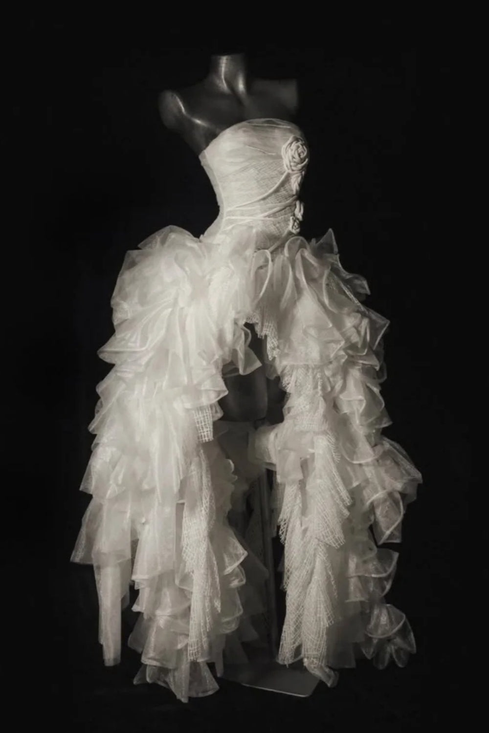 White Organza 3D Rose Gown | Strapless Asymmetrical Train Fairy Luxury Couture Evening Wedding Photo Dress NV6324