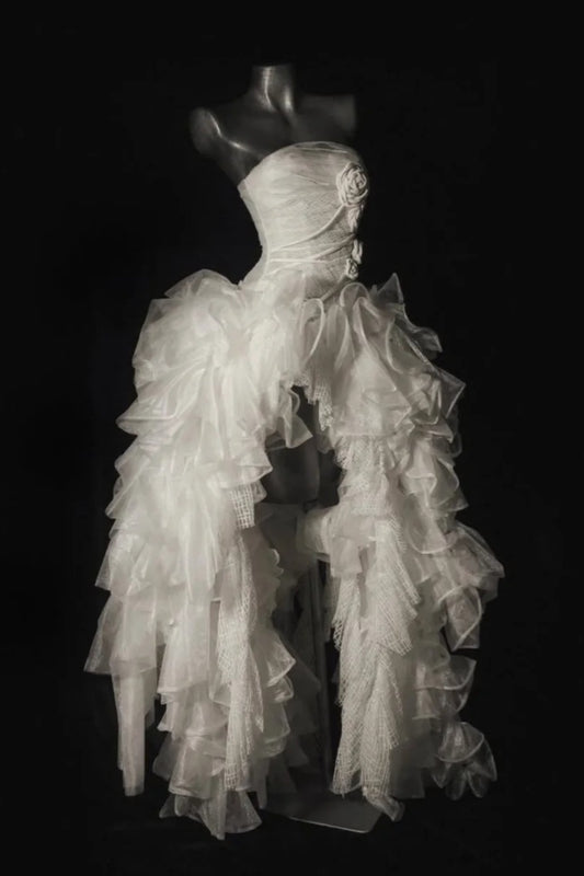 White Organza 3D Rose Gown | Strapless Asymmetrical Train Fairy Luxury Couture Evening Wedding Photo Dress NV6324