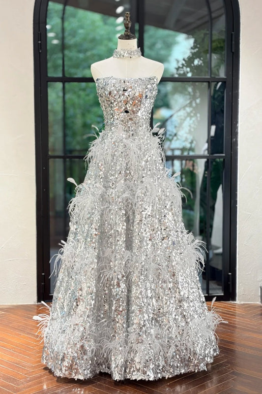 Starry Shimmer Style Silver Full-Diamond Feather Strapless Floor-Length Ballgown - Showstopper Dress for Dinner & Award Ceremony NV6358