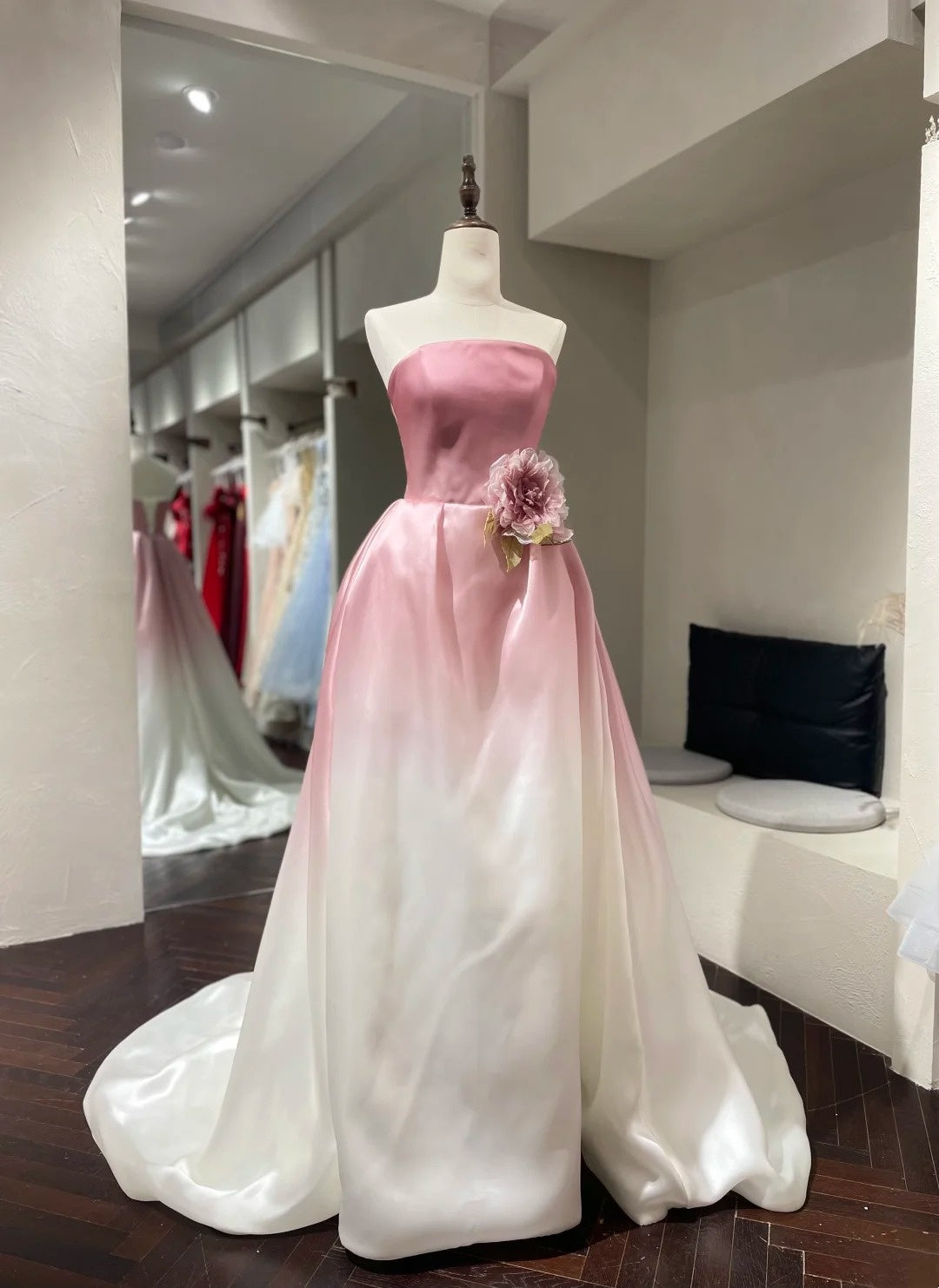 Romantic Luxury Style Pink-White Gradient Satin Strapless Train Ballgown - Elegant Dress for Engagement & Garden Wedding NV6359