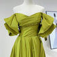 Retro Hepburn Style Olive Green Satin Off-Shoulder Puff-Sleeve Train Ballgown - Elegant Dress for Dinner & Wedding Guest  NV6360