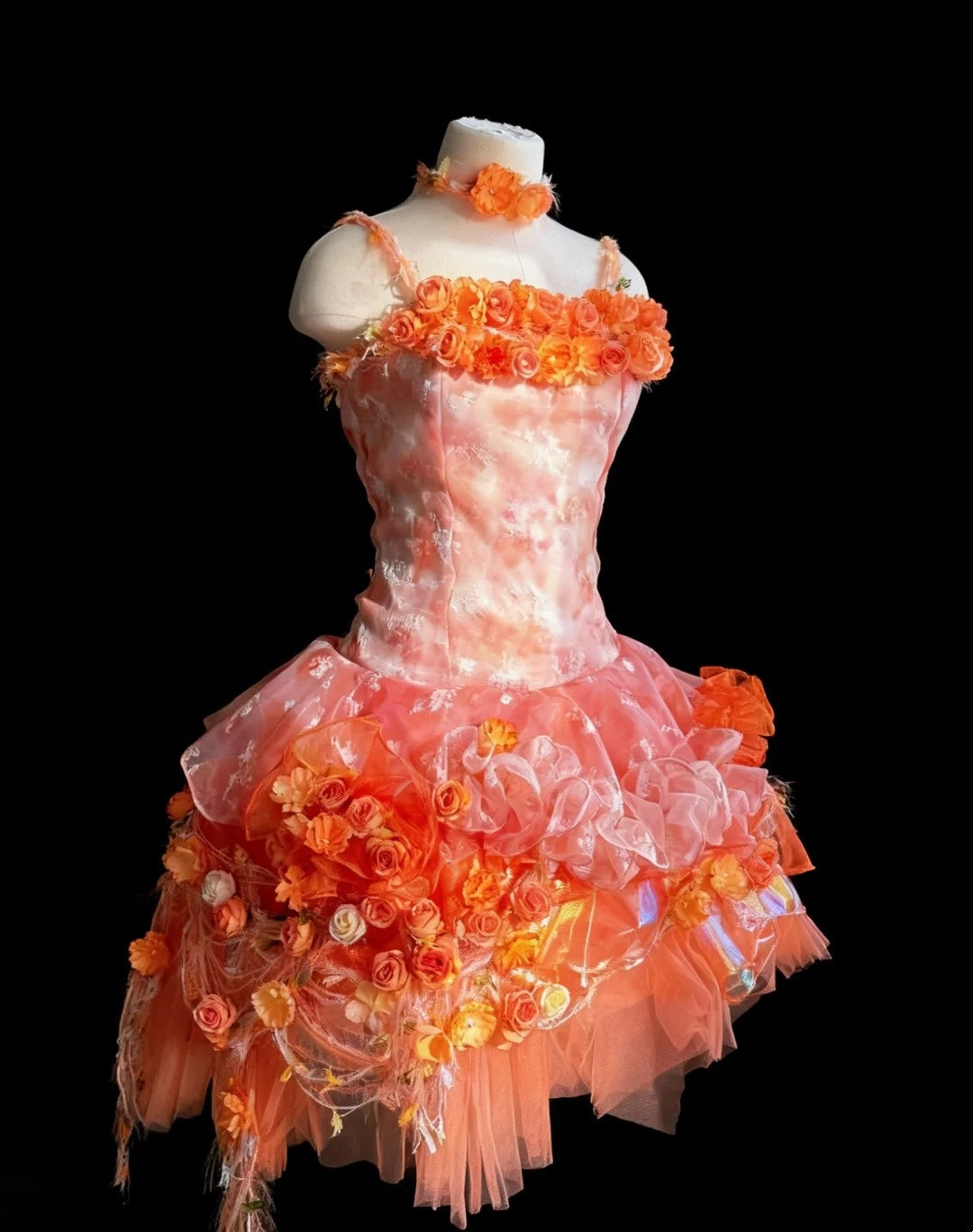 Orange Flame Flower Cluster Gradient 3D Floral Mini Ball Gown NV6569