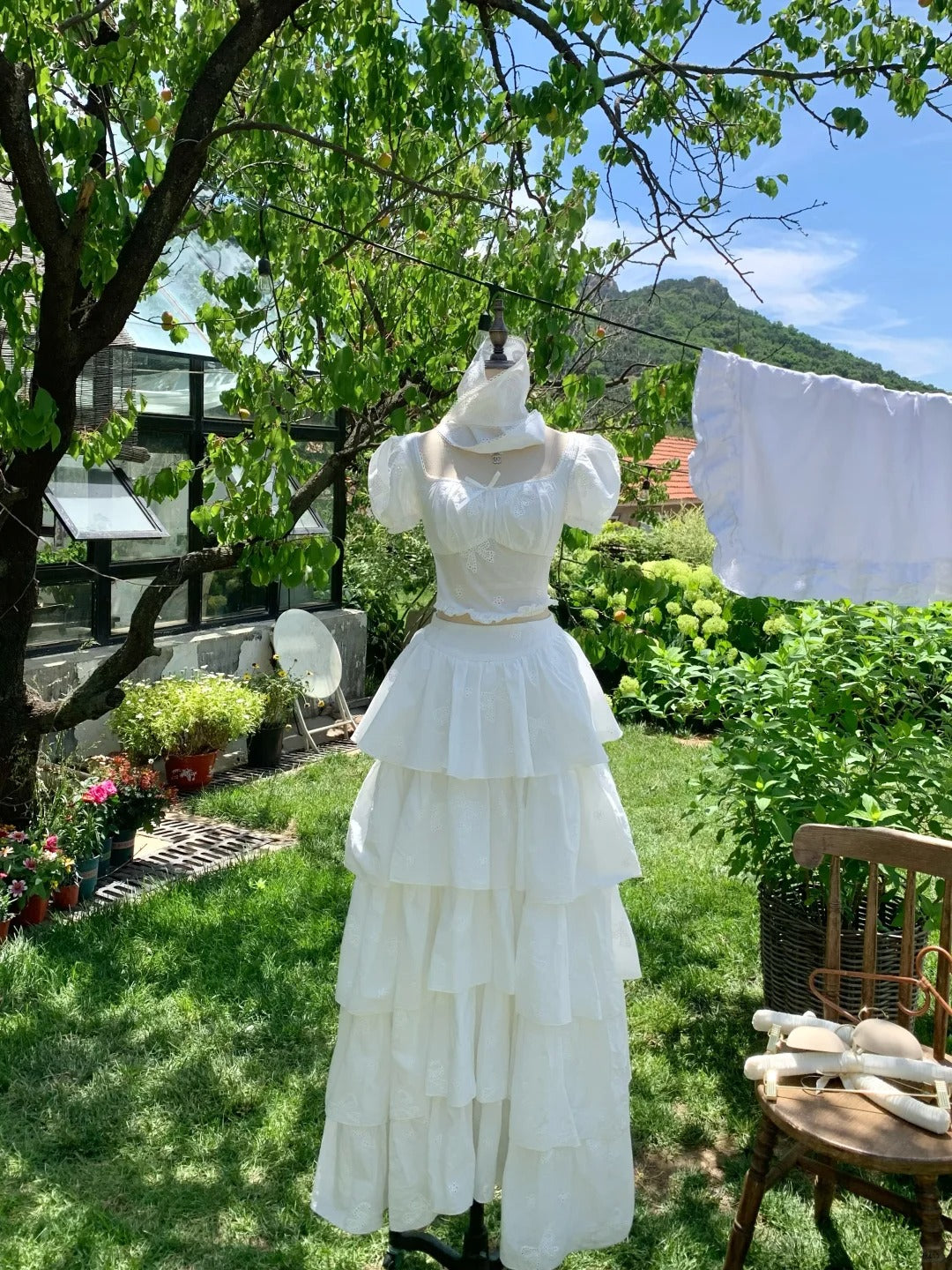 White sweet long chiffon homecoming dress birthday party dress two piece suit nv4939