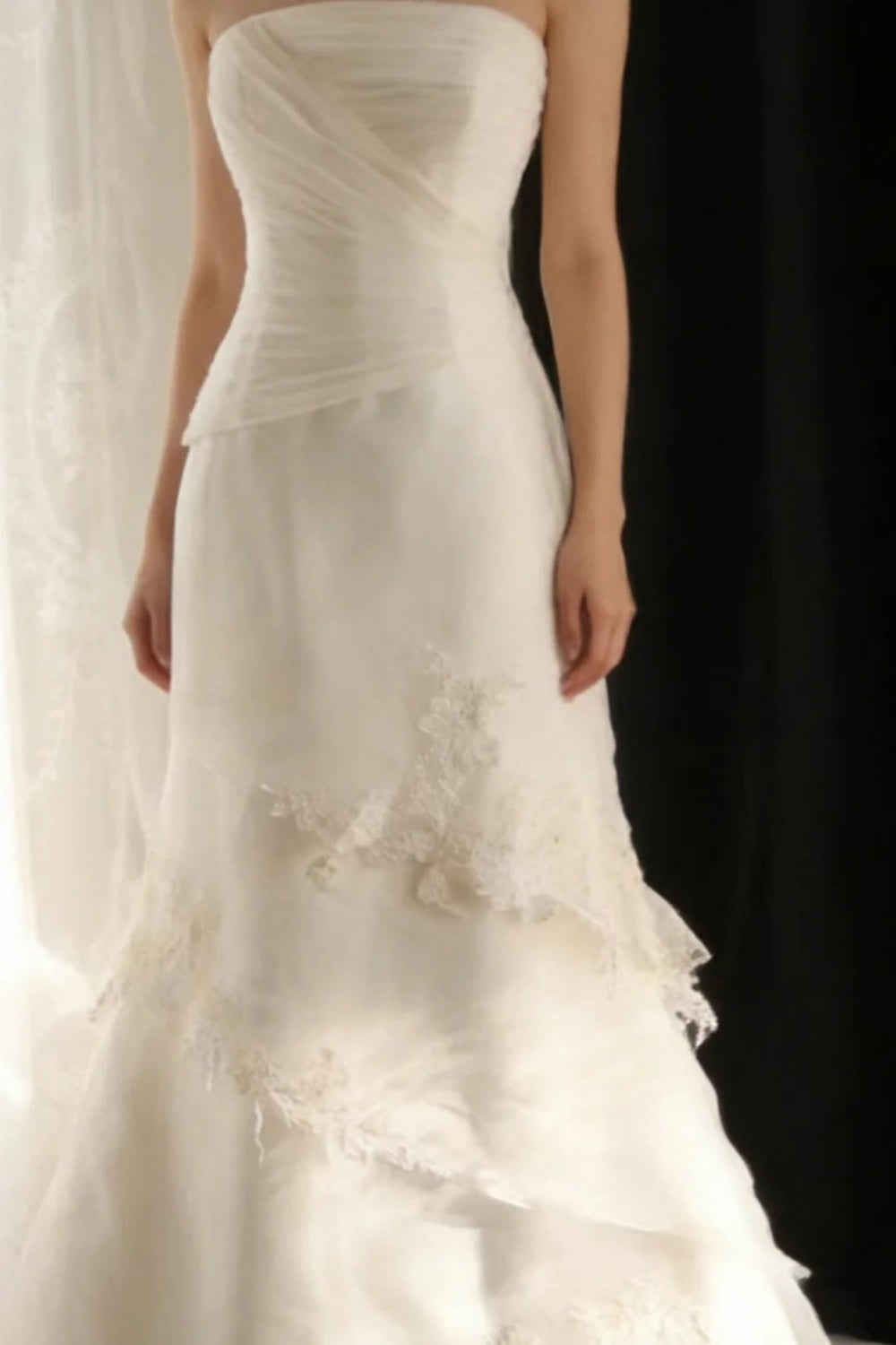 Minimalist White Strapless Bridal Dress, Lace Layered Mermaid Wedding Gown  NV6883