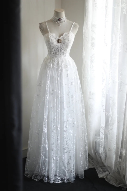 Weißes Retro-Prinzessinkleid mit niedlicher Blumenstickerei, langes Spitzenkleid, Abendkleid, Partykleid, Brautjungfernkleid, nv4694