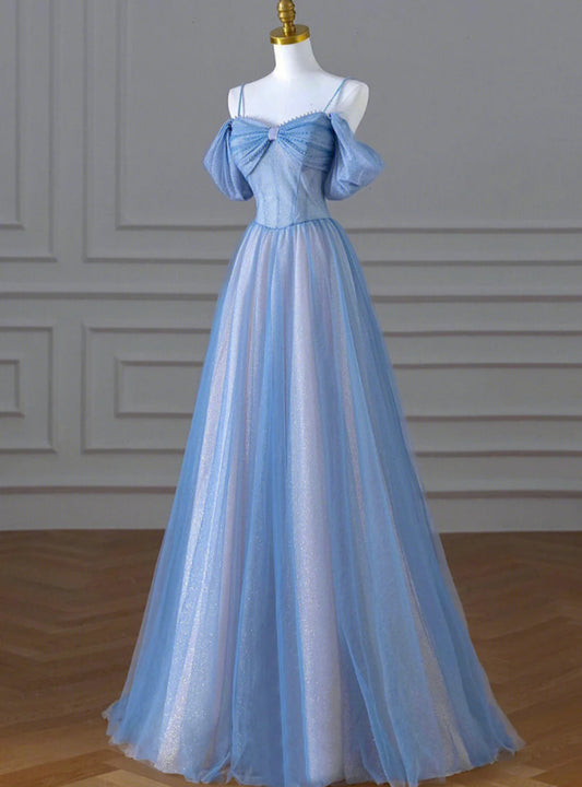 Robe de soirée trapèze en tulle bleu à paillettes et bretelles spaghetti nv1908