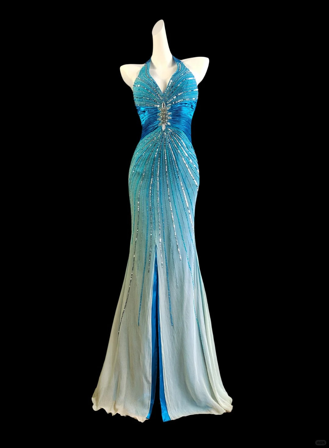 Vintage water blue exquisite beaded elegant strap long chiffon floor-length prom dress evening dress nv5234