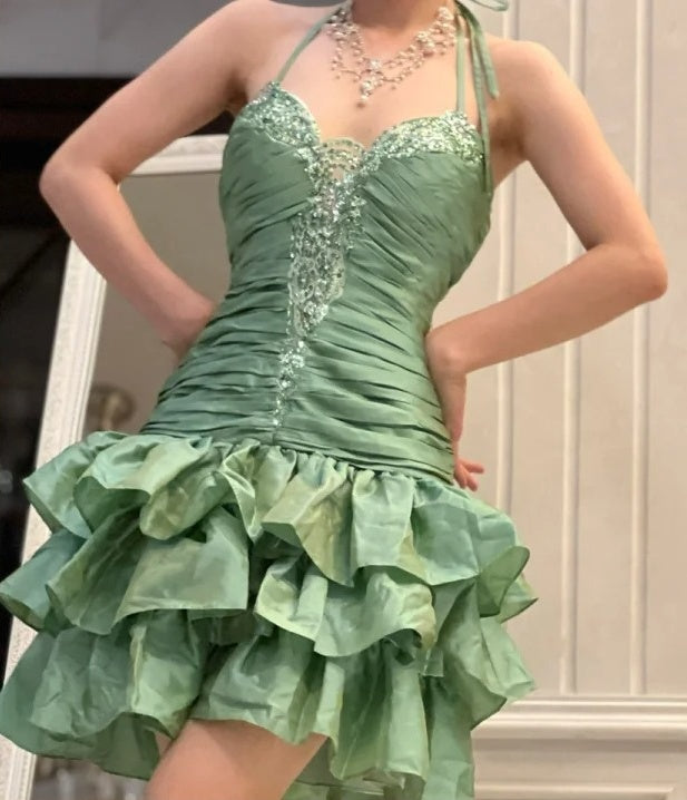 Grünes, perlenbesetztes, kurzes Satin-Heimkehrkleid, Ballkleid, Abendkleid, Partykleid, nv4633