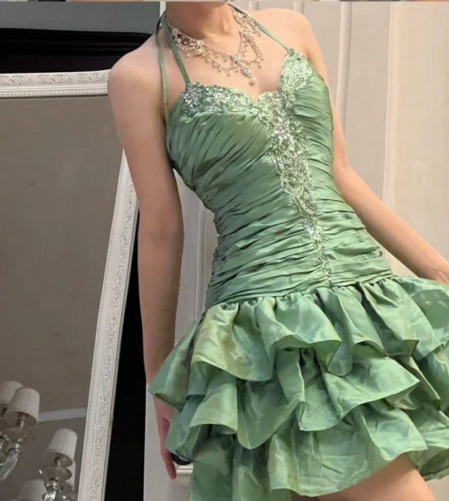 Grünes, perlenbesetztes, kurzes Satin-Heimkehrkleid, Ballkleid, Abendkleid, Partykleid, nv4633