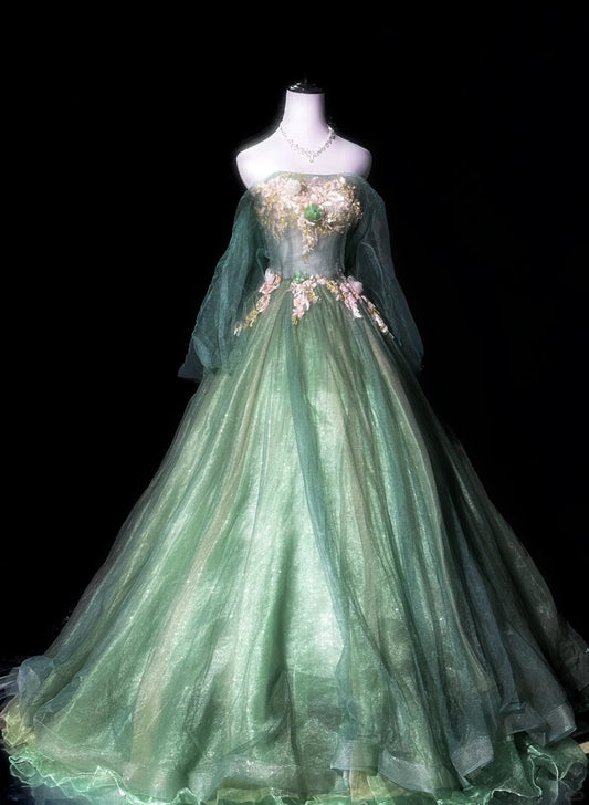 Green Vintage Gorgeous Delicate Floral Applique Beads Elegant Stunning Long Tulle Floor Length Ball Gown Evening Gown Party Dress nv4116