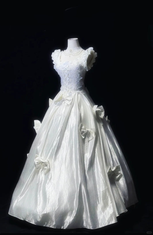 Ivory White Vintage Elegant Long Satin Lace Ball Gown Evening Dress Party Dress Wedding Dress Princess nv4120