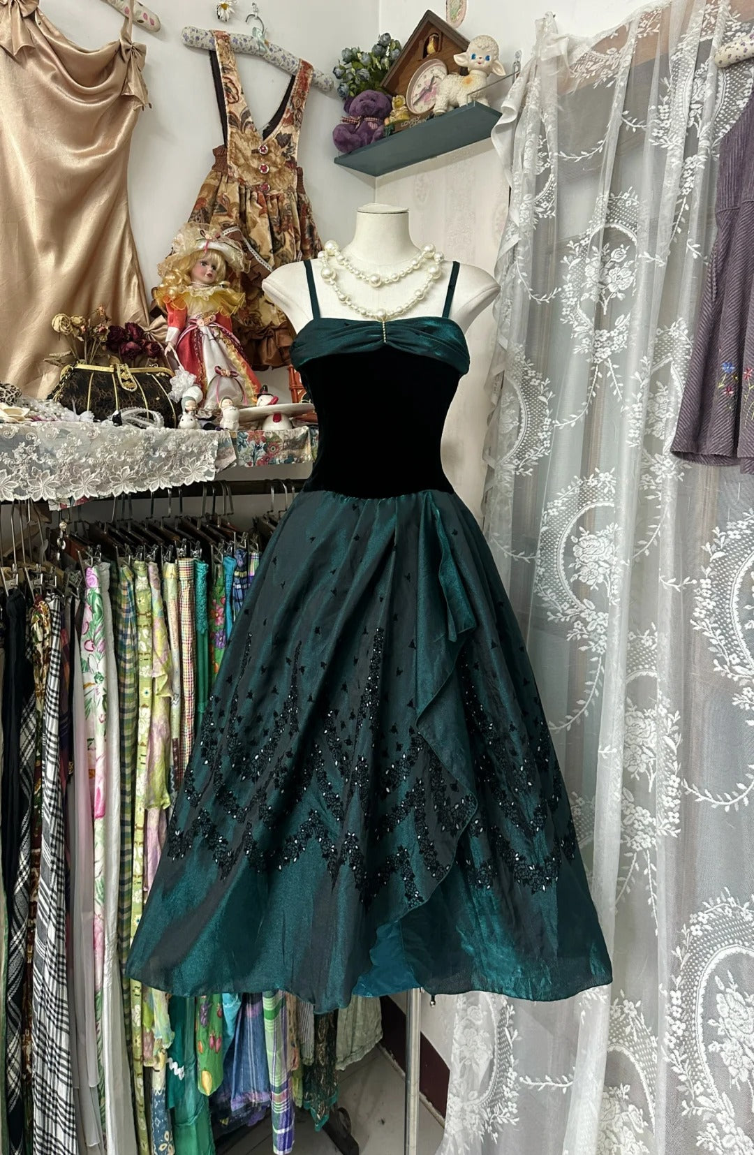 Green Vintage Long/Short Satin Homecoming Dress Prom Dress Party Dress nv4308