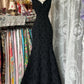 Black Patterned Mermaid Gown: V-neck Sleeveless, Retro Brocade, Banquet Elegant Style NV6399