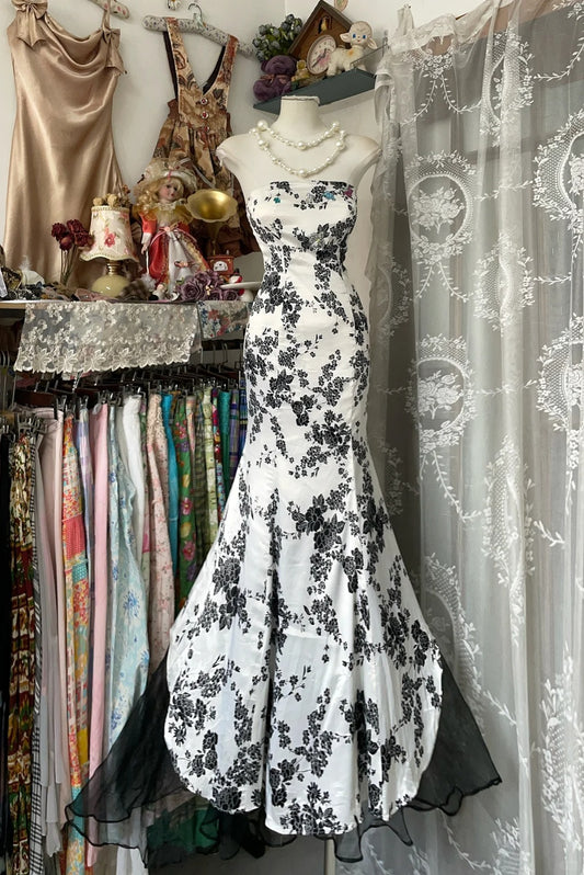 Retro black and white floral fashion long chiffon prom dress nv5427