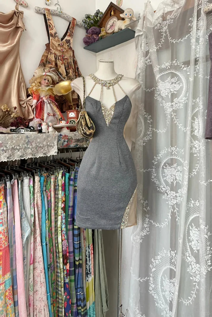 Grey Charming Homecoming Dress Beautiful Short Sexy Cutout Party Dress nv4303