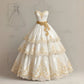 Gold Floral Appliques Multi-layered Ruffles Long Tulle Lace Ball Gown Evening Dress Birthday Party Dress nv4555
