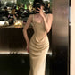 Square Neck Boned Corset Champagne Satin Mermaid Gown Draped Formal Evening Dress  NV6881