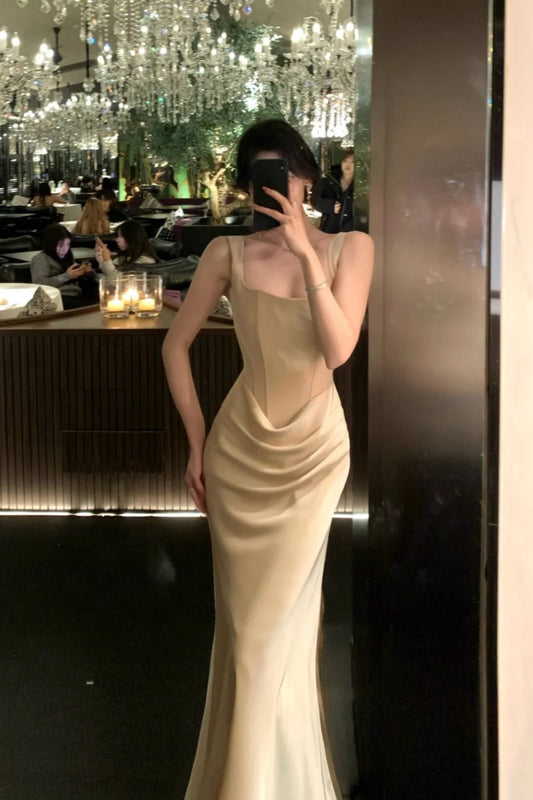 Square Neck Boned Corset Champagne Satin Mermaid Gown Draped Formal Evening Dress  NV6881