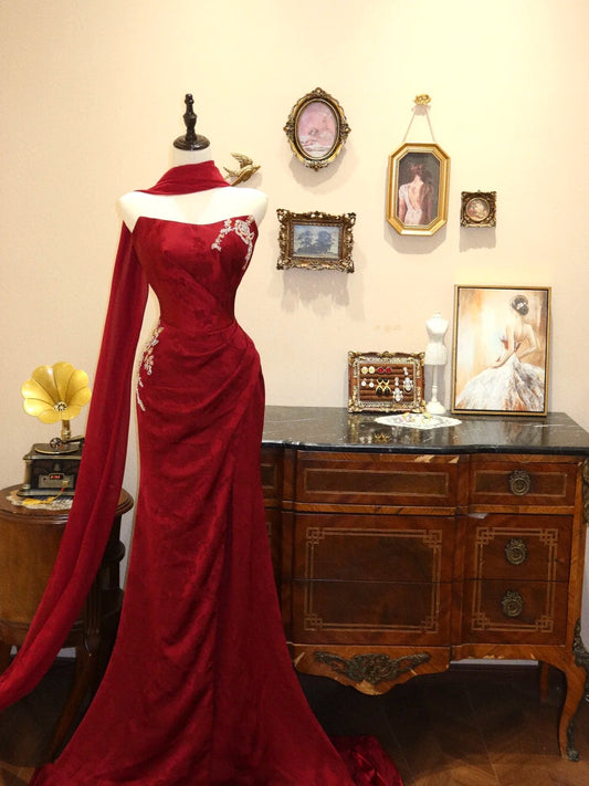 Red Delicate Appliqué Long Mermaid Slim Fit Floor Length Satin Ball Gown Evening Gown Party Dress nv4171