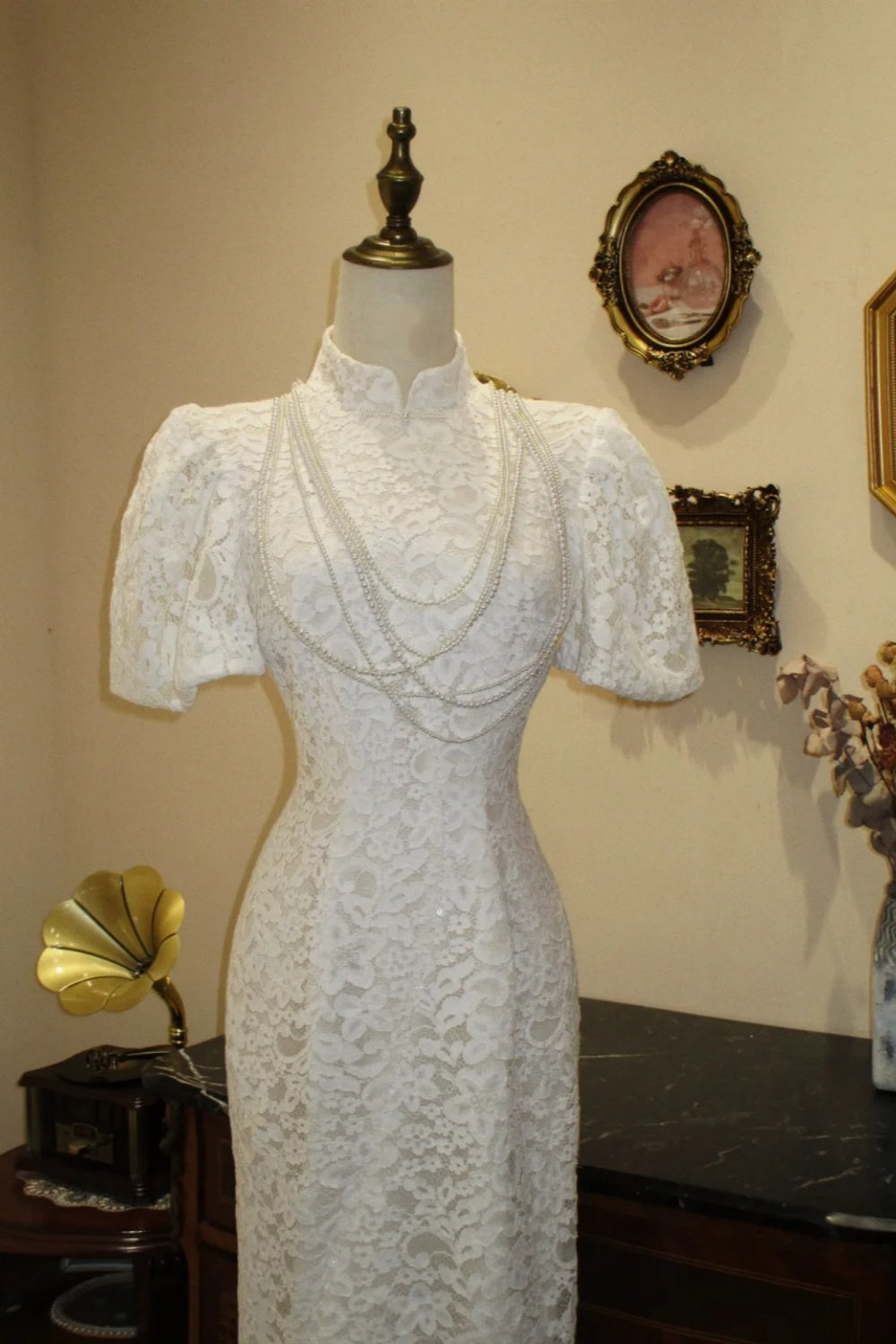 White Lace Mandarin Collar Qipao Dress with Pearl Detail NV6546