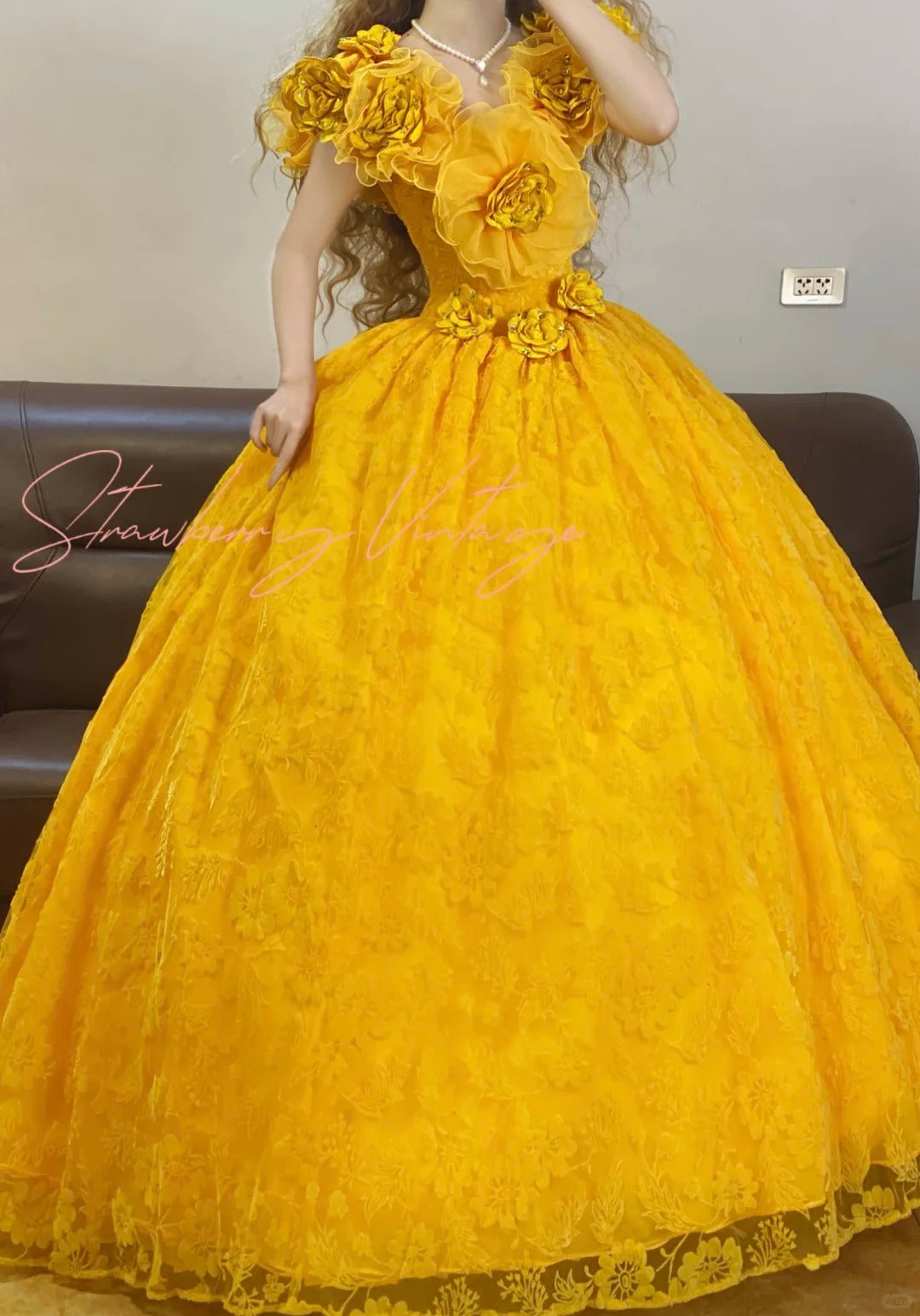 Yellow Floral Elegant Long Tulle Ball Gown nv5023