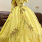 Yellow floral applique long vintage tulle ball gown nv4999