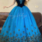 Blaues, florales Vintage-Ballkleid mit elegantem, langem Prinzessinnen-Tüll, nv5026