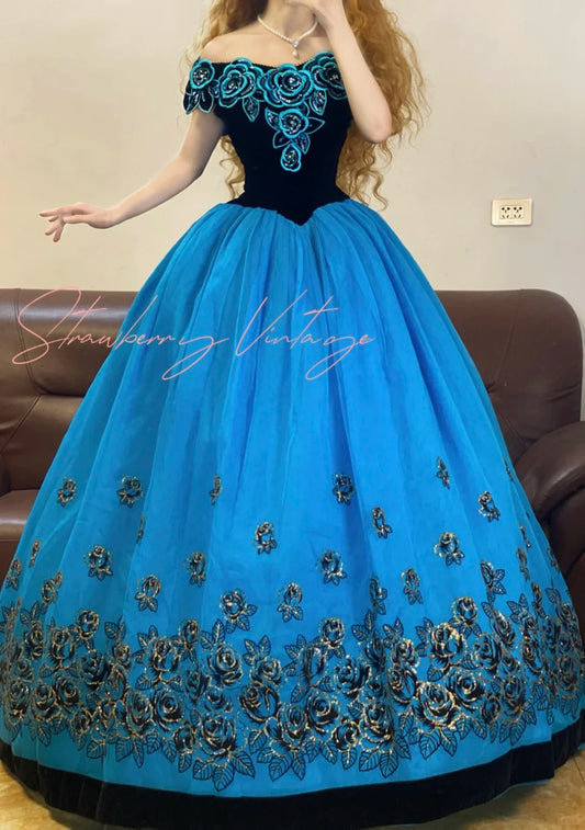 Blaues, florales Vintage-Ballkleid mit elegantem, langem Prinzessinnen-Tüll, nv5026