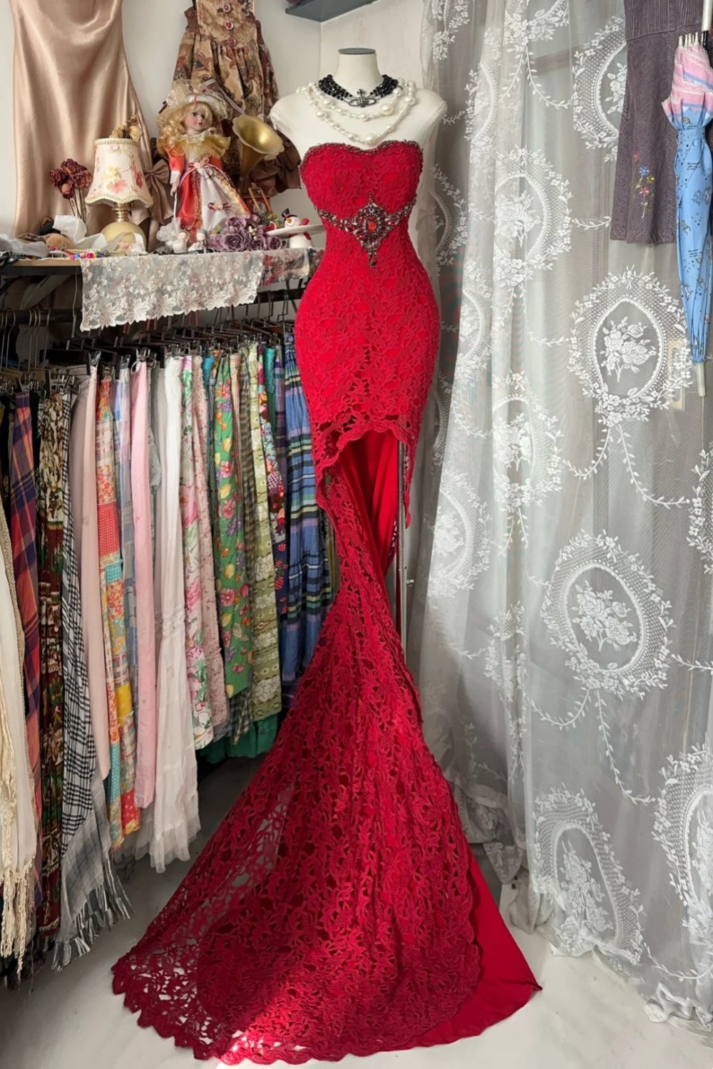 Beautiful Red Vintage Long Lace Evening Dress/Party Gown NV6859