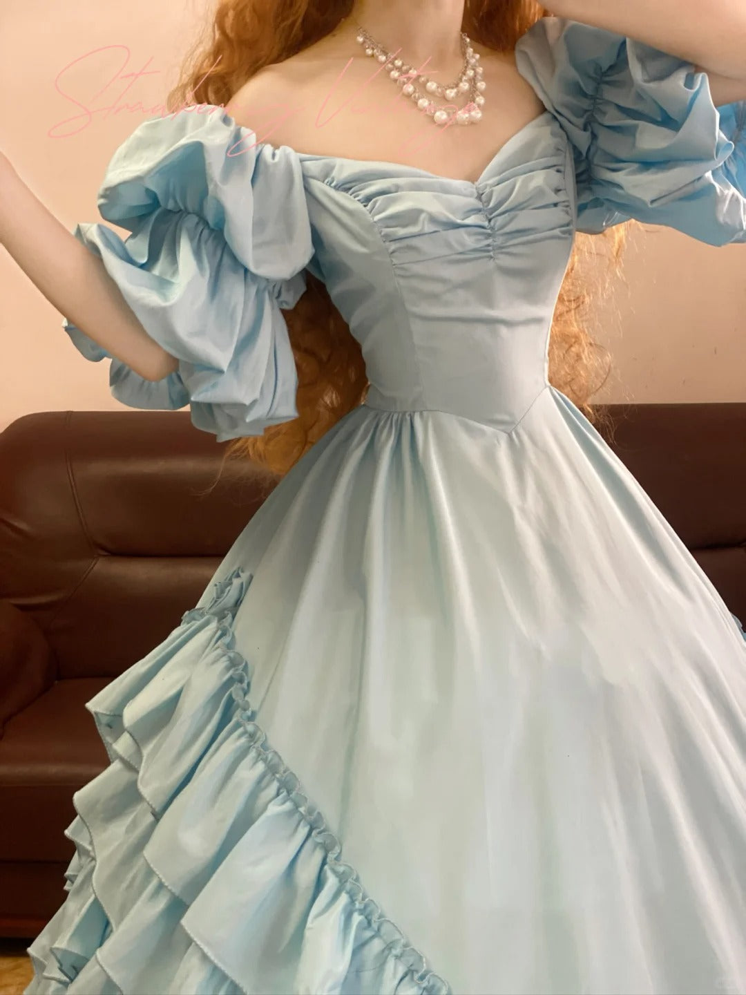Blue vintage elegant long satin ball gown nv5025