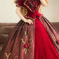 Burgunderrotes Vintage-Ballkleid mit elegantem Blumenmuster und langem Satin, nv5006