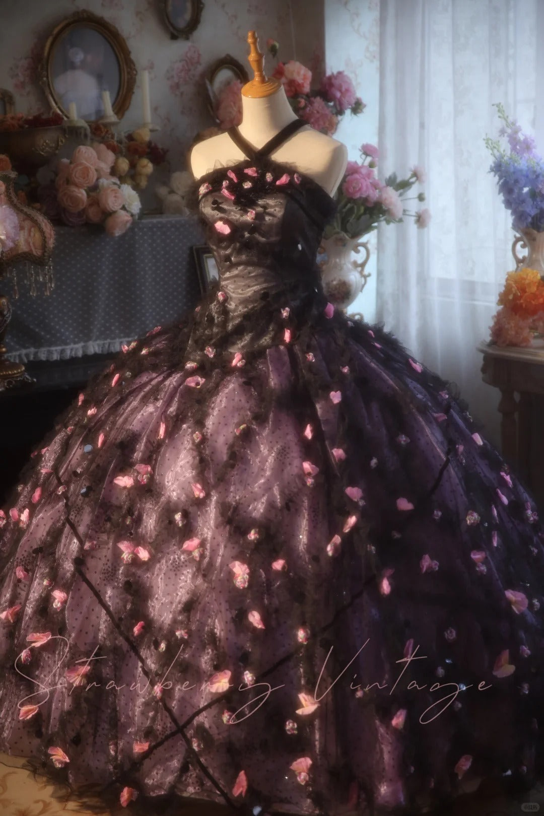 Black pink beaded floral long tulle vintage ball gown nv5038