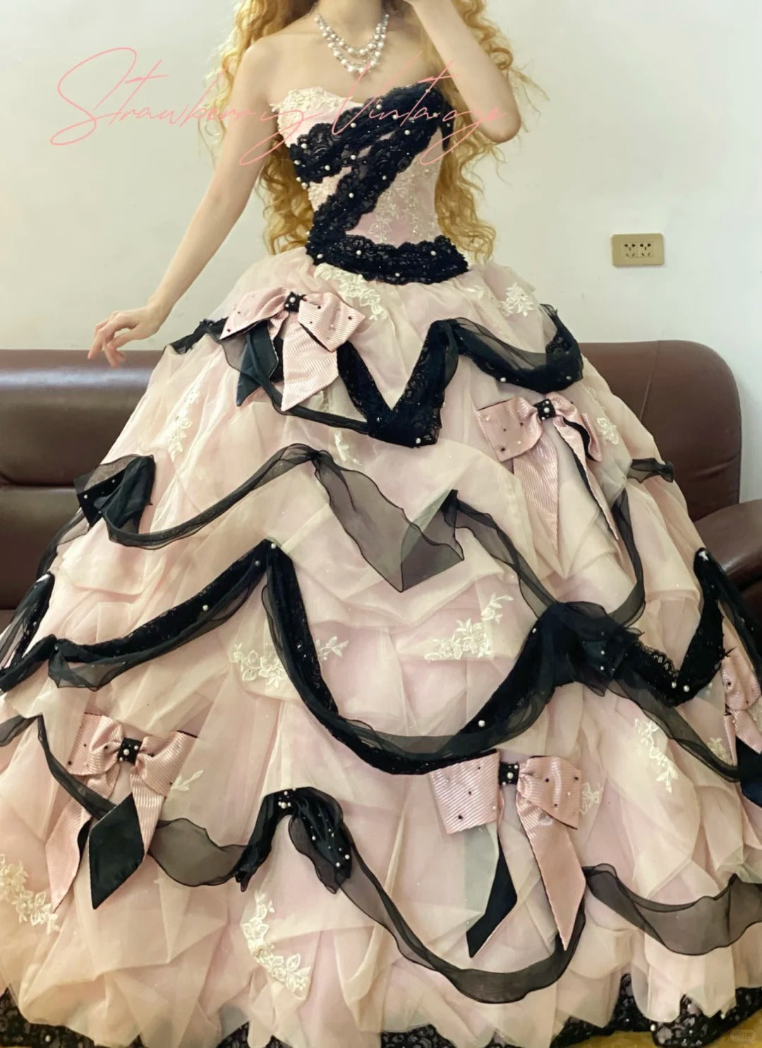 Rosa Spitze Schleife Vintage Elegante Lange Mehrlagige Prinzessin Tüll Ballkleid nv5027