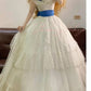 White blue floral vintage elegant long tulle ball gown evening dress nv5017