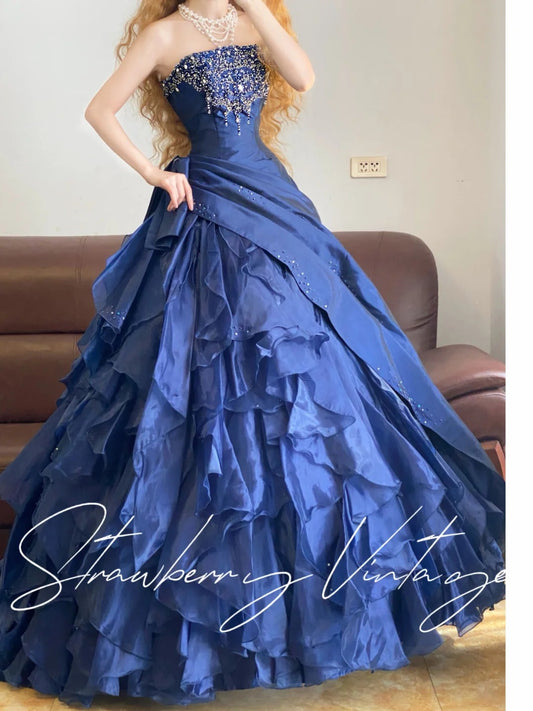 Dunkelblaues, perlenbesetztes Vintage-Ballkleid aus elegantem, langem Prinzessinnen-Satin-Tüll, NV5032